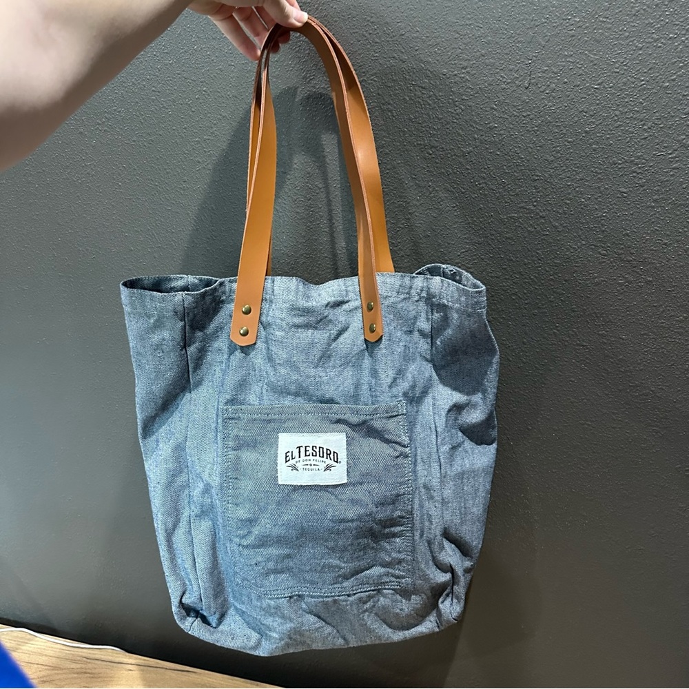 El Tosoro tequila tote bag denim leather gold pockets